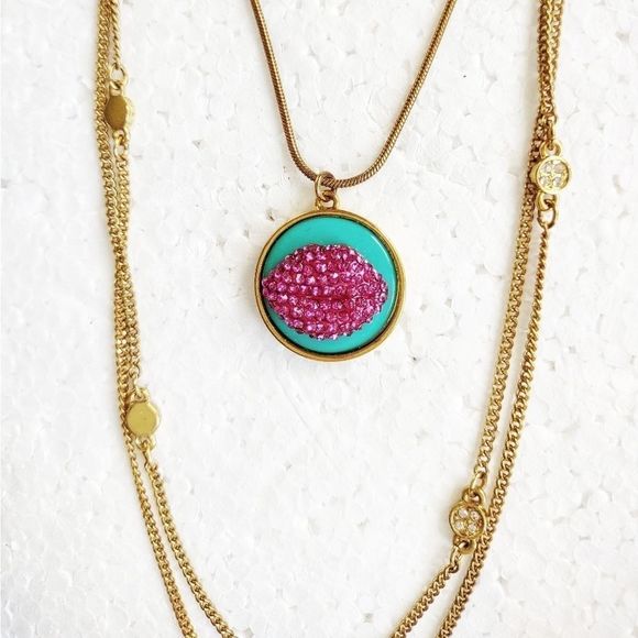 Betsey Johnson Gold Multi Strands Necklace w Ruby Lips On Turquoise - Picture 2 of 3